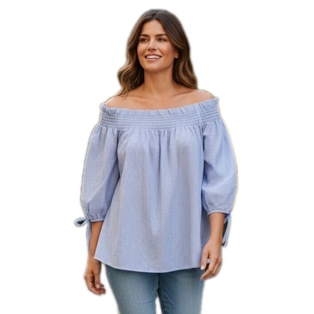DO+BE Off The Shoulder Top Smocked Tie Sleeve Coastal Grandmillennial Preppy S